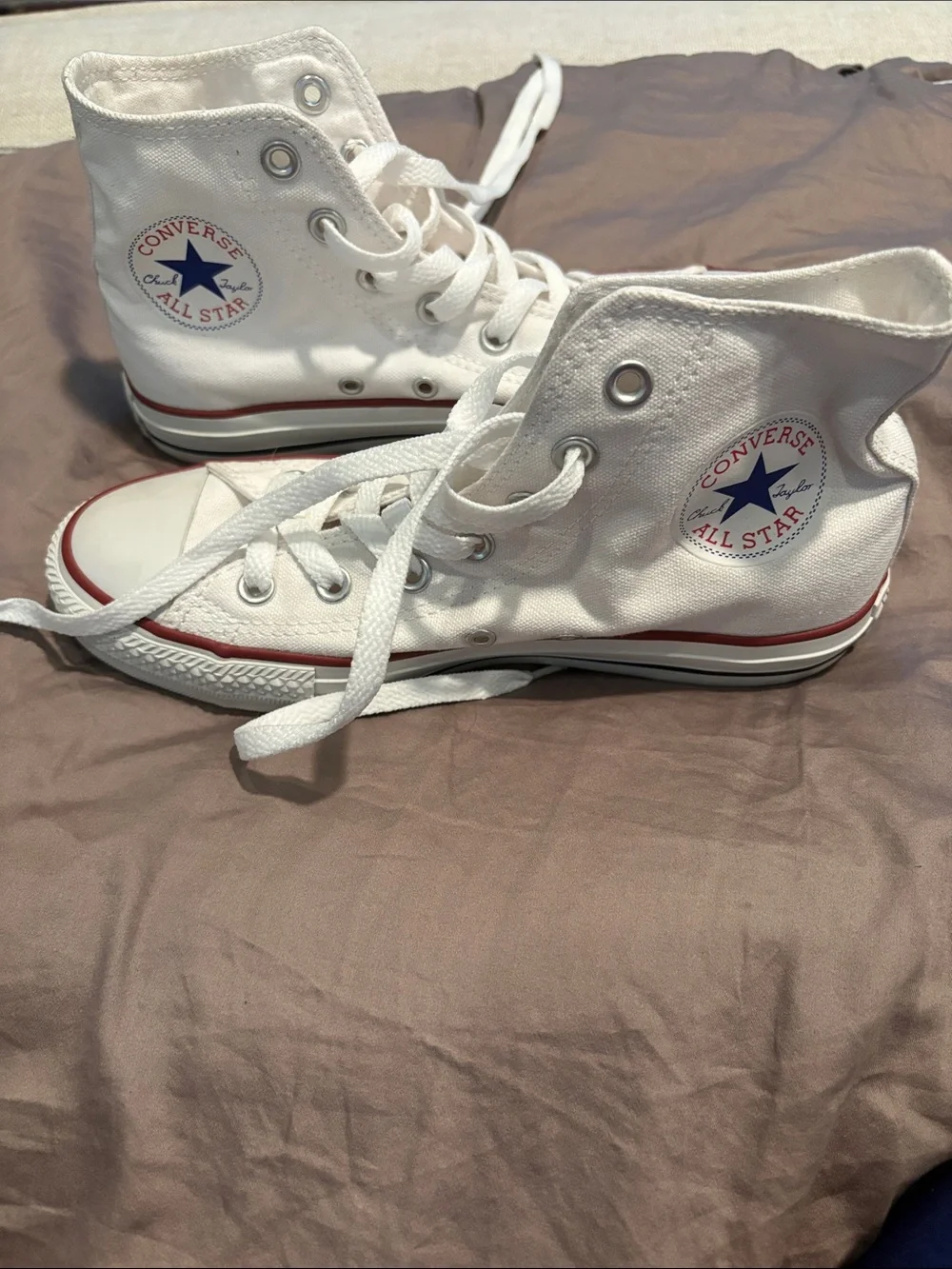 Converse Canvas White High Top Sneakers with Red & Blue Trim